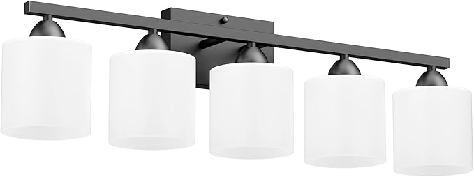 Black Bathroom Lighting Fixtures Over Mirror, 5-Light Anti-Rust Vanity Light for Bathroom, 28.34Inches Modern Wall Sconce, Standard E26 Base, Milky White Glass Shades, Bulbs Not Included
