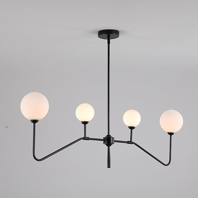 Black Linear Kitchen Light Fixture, 4-Light Globe Glass Pendant Light with Matte Black Metal Frame & Milk White Glass Shades, Adjustable Height Chandelier for Dining Room Kitchen Island