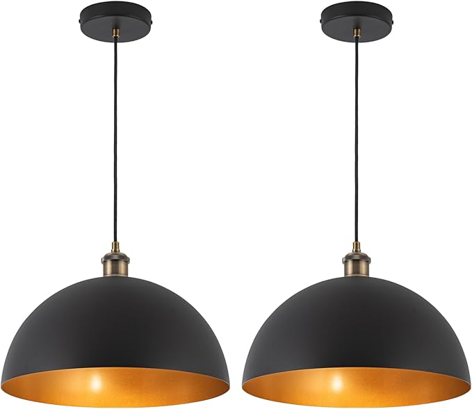 13.78" Modern Industrial Black Pendant Lights Farmhouse Dome Black Gold Pendant Lighting Vintage Golden Pendant Light for Kitchen, Dining Room, Bedroom, Hallway, Living Room, Set of 2