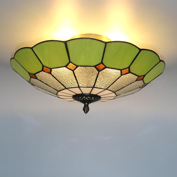 Tiffany Style Ceiling Light 16 Inch 3-Lights Stained Glass Flush Mount Ceiling Light for Bedroom Dining Room Living Room