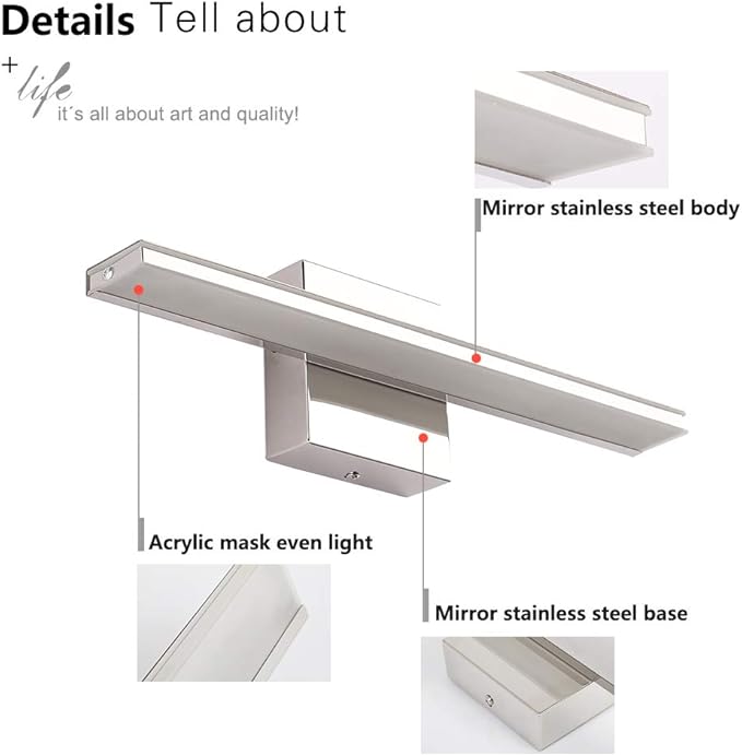Chrome Bathroom Light Fixtures 24 Inch Bath Wall Lighting IP44 14W Vanity Lamp Bar Modern LED Lights for Vanity Rectangle Bathroom Lamps Over Mirror Acrylic Restroom Sink Light