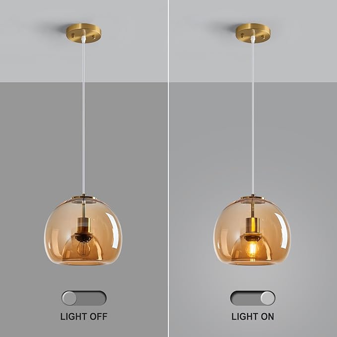 Amber Glass Pendant Lights Kitchen Island Gold Hanging Light Fixture Glass Globe Pendant Light Modern Pendant Lighting for Dining Room Bedroom Kitchen Island (9.84", 1 Pack)