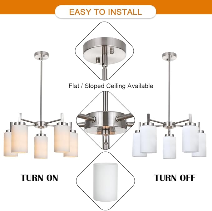 VINLUZ 5-Light Brushed Nickel Chandeliers Lighting Contemporary Modern Pendant Lamp with Opal White Glass Shade Farmhouse Dining Room Lighting Fixtures Hanging Adjustable for Kitchen Island