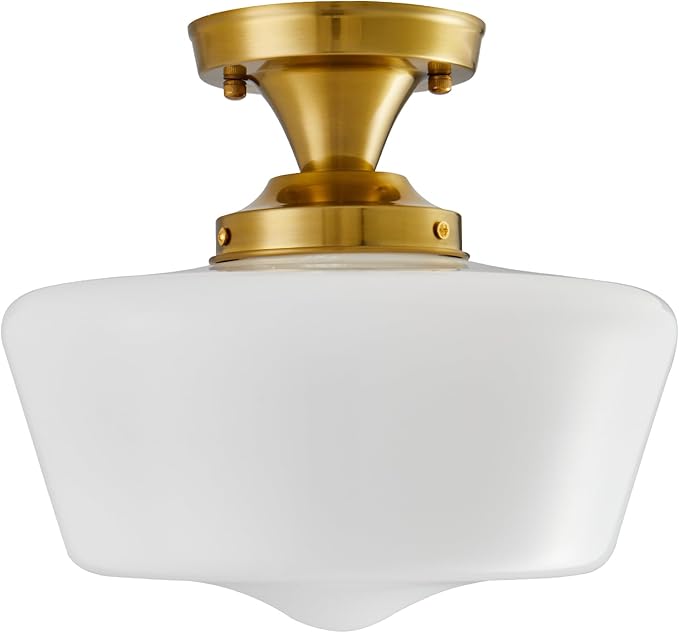 youngrender Schoolhouse Light Fixture Modern Gold Ceiling Light,Semi Flush Mount Ceiling Light,12''Wide Opal Milk Glass Shade,Brass Vintage Light for Farmhouse Bedroom Kitchen Hallway Entryway