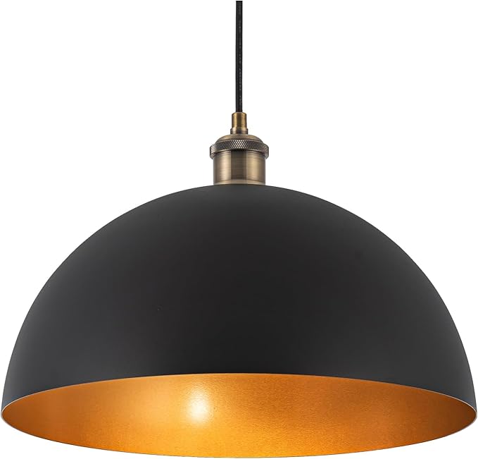 13.78" Modern Industrial Black Pendant Lights Vintage Farmhouse Black Gold Pendant Lighting Dome Golden Pendant Light for Kitchen Island, Dining Room, Bedroom, Hallway, Living Room, Bars