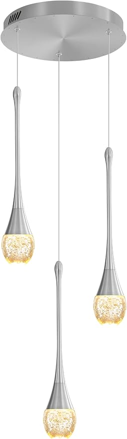 ykolupty Pendant Lights Kitchen Island 3-Lights Silver Crystal Chandelier for Dining Room Hallway Stairwell,LED Dimmable 2700K-6000K