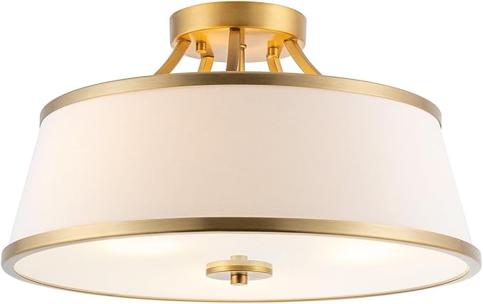 Kira Home Zoey 18" Modern 3-Light Semi-Flush Mount Ceiling Light Fixture + White Fabric Shade, Warm Brass Finish, Pack of 2