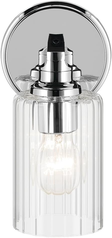 Kichler Gioe 5" 1-Light Wall Sconce with Clear Fluted Glass in Chrome, Damp Rated, for Powder Room, Kitchen, Hallway, Bedroom, Fireplace, (5" W x 9.5" H), 55224CHFLU