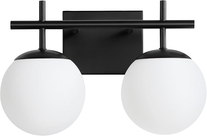 AIJIASI Black Bathroom Light Fixture Over Mirror, 2-Lights Vanity Lights with Milky White Frosted Glass Shade Mid Century Farmhouse Light Fixtures for Bathroom Above Mirror (Exclude E26 Bulb)