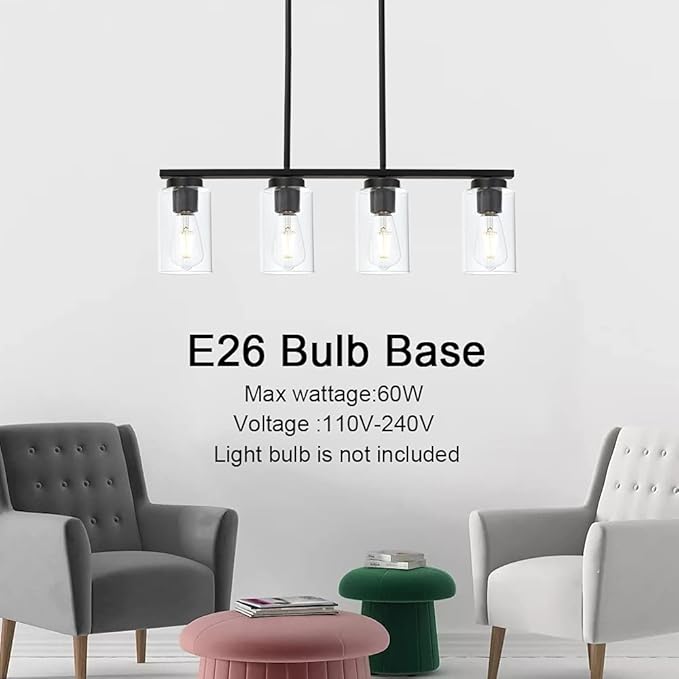 TODOLUZ Black Pendant Light Fixtures with Clear Glass Shades, 4-Lights Linar Kitchen Island Light for Farmhouse Dining Room Kitchen Pool Table