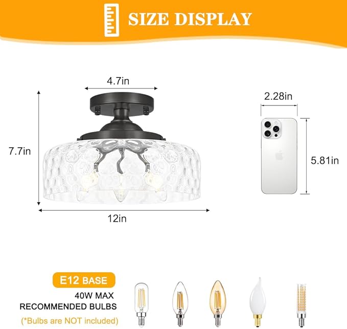 Black Semi Flush Mount Ceiling Light, 3-Light Ceiling Light with Hammered Glass, Vintage Hallway Lights, Closet Light Fixture, Kitchen Flush Ceiling Mount for Entryway Bedroom Bathroom,E12