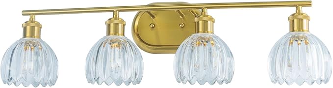 4-Light Bathroom Light Fixtures, Brushed Gold Vanity Lights for Bathroom with Ribbed Clear Tulip Glass Shade, Vintage Wall Scone Lighting Fixture Over Mirror for Bedroom Living Room Hallway