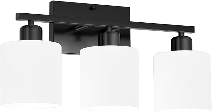 Black Bathroom Light Fixtures Over Mirror, Rustproof Vanity Lights for Bathroom, Modern 3-Light Wall Sconces for Living Room, Milky White Glass Shades, Standard E26 Base, Bulbs Not Included