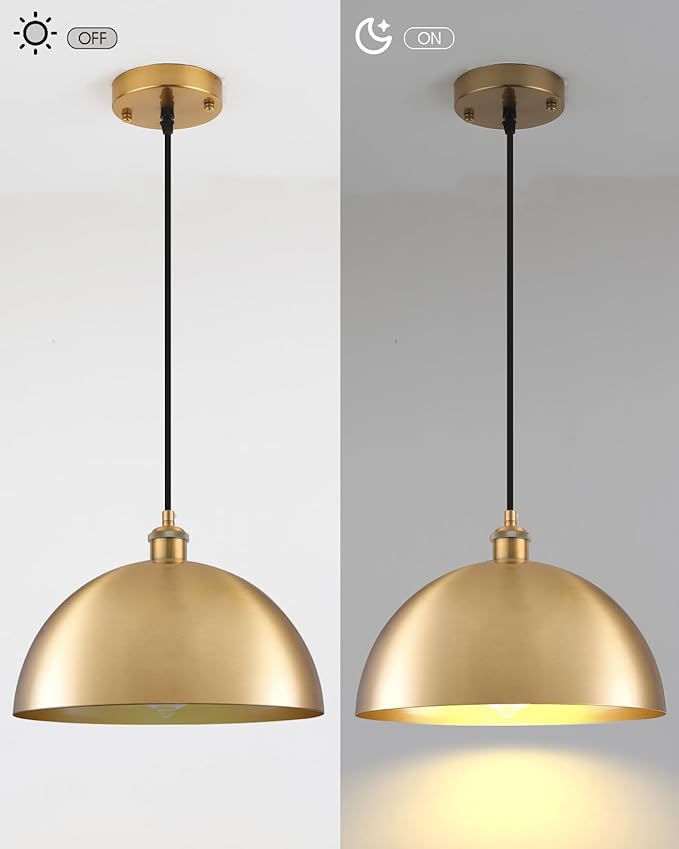 Gold Pendant Lights, 11.8" Farmhouse Pendant Light for Kitchen Island, Vintage Pendant Light Fixtures for Dining Room, Living Room, Bedroom, Dome Pendant Lighting, 2 Pack