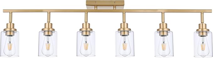 6-Light Track Lighting Kits Gold, Multi-Directional Rotating Kitchen Tracking Light Heads with Clear Glass, Modern Track Lighting Fixture Ceiling Vanity Lights for Bathroom Island Accent Shop