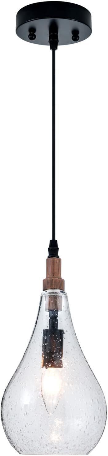 Farmhouse Wood Bubble Seeded Glass Pendant Light Adjustable Industrial Pendant Lighting Fixtures for Kitchen Island Dining Room Bedroom Entryway Sink