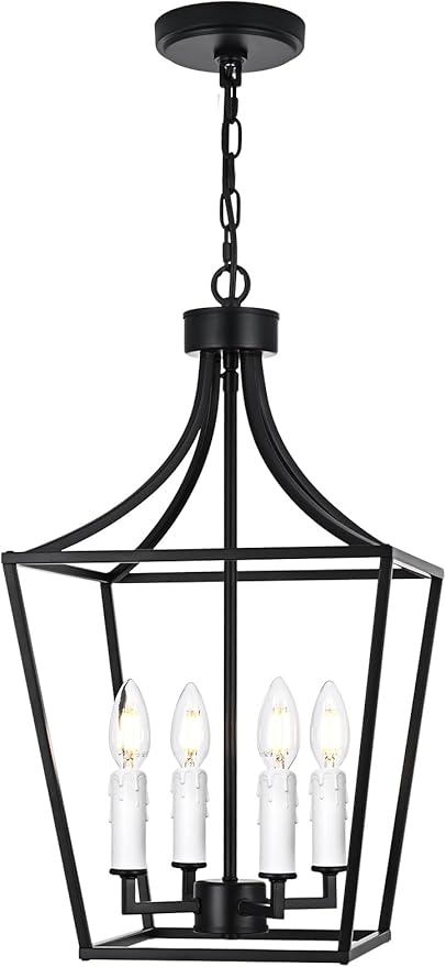 4-Light Black Lanter Chandelier, Height Adjustable Hanging Lighting, Farmhouse Dining Room Pendant Light Fixture for Kitchen Island Entryway Staircase, E12 Bulb Base