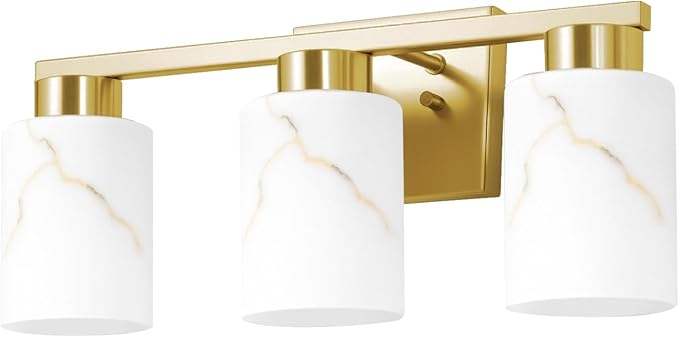 3-Light Bathroom Light Fixtures, Modern Vanity Lights, Gold Metal Wall Lamp with White Marble Glass for Bathroom, Mirror, Living Room, Bedroom, Cabinet, Porch, Hallway, E26 Base