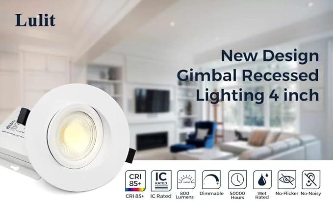 4 Pack White 4-inch 5 CCT Gimbal LED Recessed/Downlight Color Selectable 2700K/3000K/3500K/4000K/5000K 800Lm 9W 120V Dimness Adjustable LED Lights