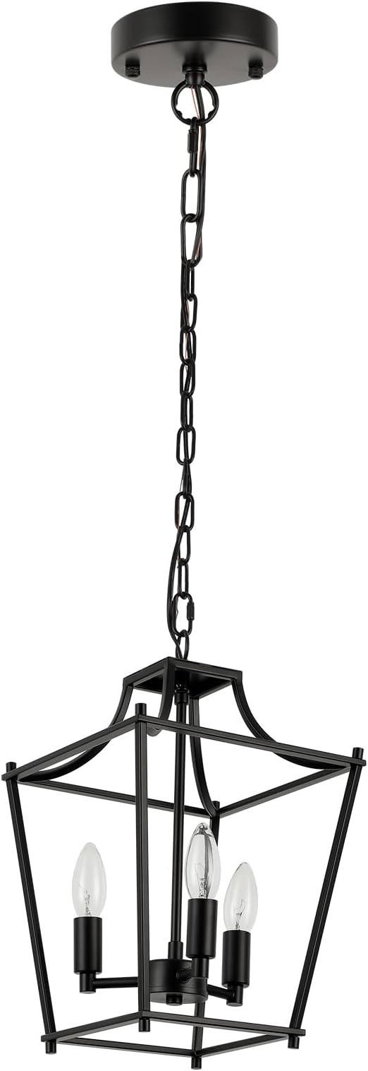 Lantern Pendant Light Black Pendant Light Fixtures 3-Light Black Lantern Pendant Lights, 9.4" Adjustable Farmhouse Pendant Lighting for Kitchen Island Dining Room Foyer