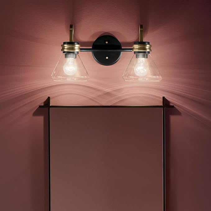 Kichler Farum 19.25" 2-Light Bathroom Vanity Light Fixture with Clear Glass in Black, Modern Wall Mount Light for Vanity Mirror Over Sink (19.25" W x 9.5" H), 55154BKCLR