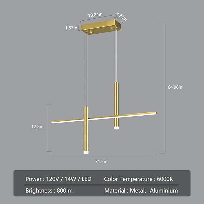 Modern LED Linear Pendant Light with Dual Spotlights Dimmable 6000K Pendant Lights Kitchen Island Gold Chandeliers for Dining Room Table Living Room Bedroom Gold(L31.5in)