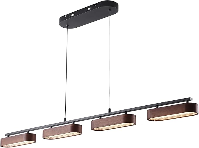 50.2" Kitchen Island Lights, 38W Wood Dining Room Light Fixtures Over Table, Dimmable Linear Pendant Lights for Kitchen Island, 4-Light Rustic Hanging Farmhouse Chandeliers, Walnut Color