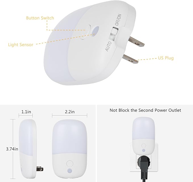 echosari Night Lights Plug into Wall, 2 Pack Dimmable Night Light with Dusk to Dawn Light Sensors, Warm White LED Nightlights for Bathroom Bedroom Kitchen Hallway Stairs