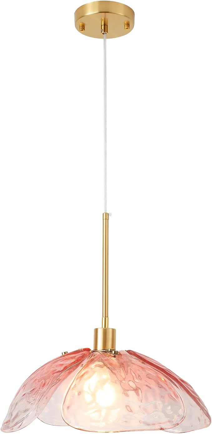 Pink Glass Pendant Lights Kitchen Island, 14'' Vintage Hanging Light Fixtures with Hammered Glass Flower Shade, Brass Pendant Ceiling Light for Kitchen Sink Hallway Bedroom
