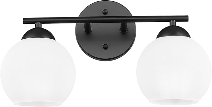 Emak Black Vanity Lights for Mirror, Modern Farmhouse 2-Light Bathroom Light Fixtures Globe Bathroom Vanity Light with Milk Glass Shade, VL114-BK-ML-2