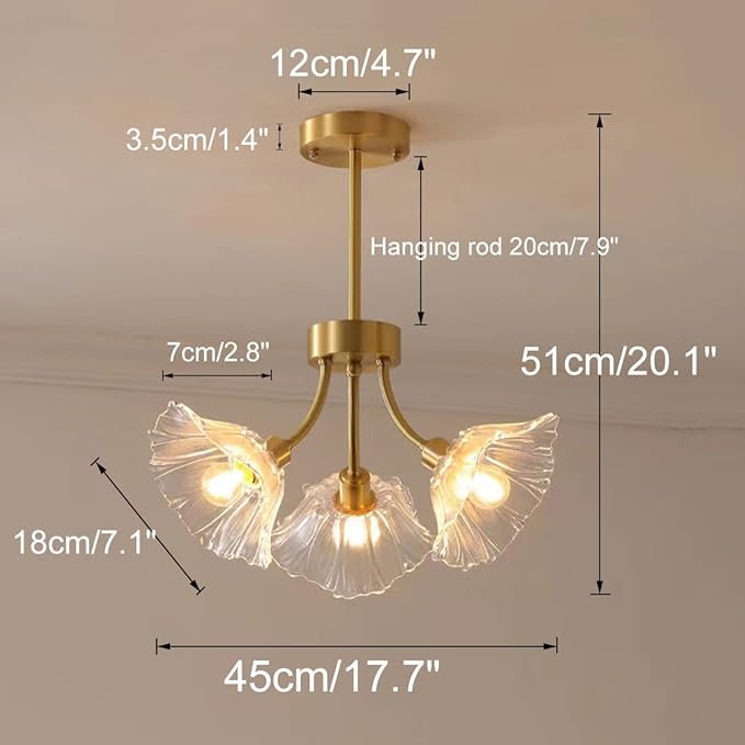 Semi Flush Mount Ceiling Lights Mid Century Modern Ceiling Light Fixture 3-Light Gold Brass Chandelier Lighting with Clear Glass Flower Shape for Bedroom Living Dining Room Hallway