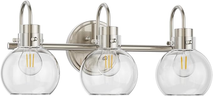 3 Lights Vanity Light, Brushed Nickel Bathroom Light Fixtures, Farmhouse Wall Sconces with Globe Clear Glass Shade, Porch Wall Mount Lamp for Mirror, Kitchen, Porch, Living Room, Workshop (E26 Base)