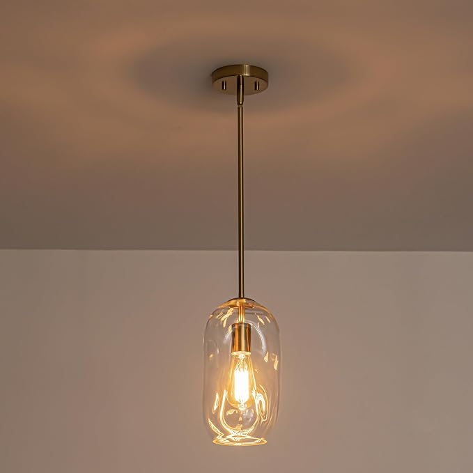 Kitchen Pendant Lighting Over Island 2 Pack,Glass Gold Pendant Light Fixtures Set of 2 Modern Vintage Hanging Lamp 1 Light with 11.4in Height Clear Thick Organic Glass Shade for Dining Table Bar,E26