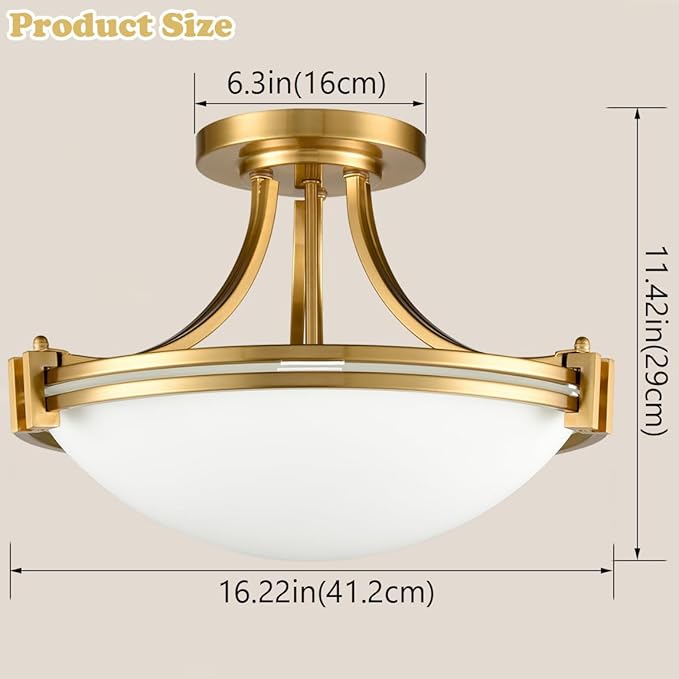 SAMTEEN Modern Brass Semi Flush Mount Ceiling Light 3-Light Mid Century Gold Flush Mount Light Milk Glass Ceiling Light Fixtures for Hallway Bedroom Foyer Kitchen