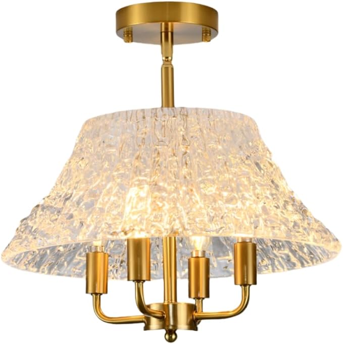4-Light Gold Flush Mount Ceiling Light - 14 Inch Bright Vintage Glass Art Deco Fixture, Mid Century Modern Close to Ceiling Lamp for Bedroom Kitchen Hallway, E12 Candelabra Base (Bulbs Not Included)