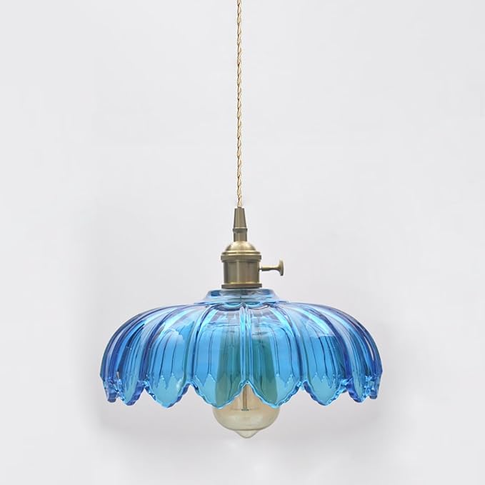 Blue Glass Pendant Light Fixtures Medium 9.8 Inches Lampshade Gold Brass Finish and Switch Vintage Pendant Ceiling Lamp Copper Pendant Lighting (Blue)