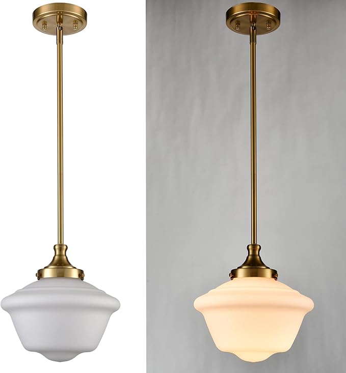 SAMTEEN Modern Gold Pendant Light Schoolhouse Light Fixture 10-Inch White Glass Pendant Lighting for Kitchen Island Adjustable Height Brass Hanging Light Kit for Dining Room Hallway