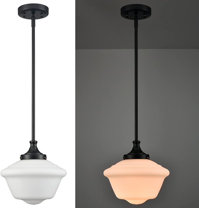 SAMTEEN 10-Inch Black Schoolhouse Pendant Light with White Glass Shade Schoolhouse Light Fixture Adjustable Height Modern Schoolhouse Pendant Lighting for Kitchen Island Dining Room Living Room