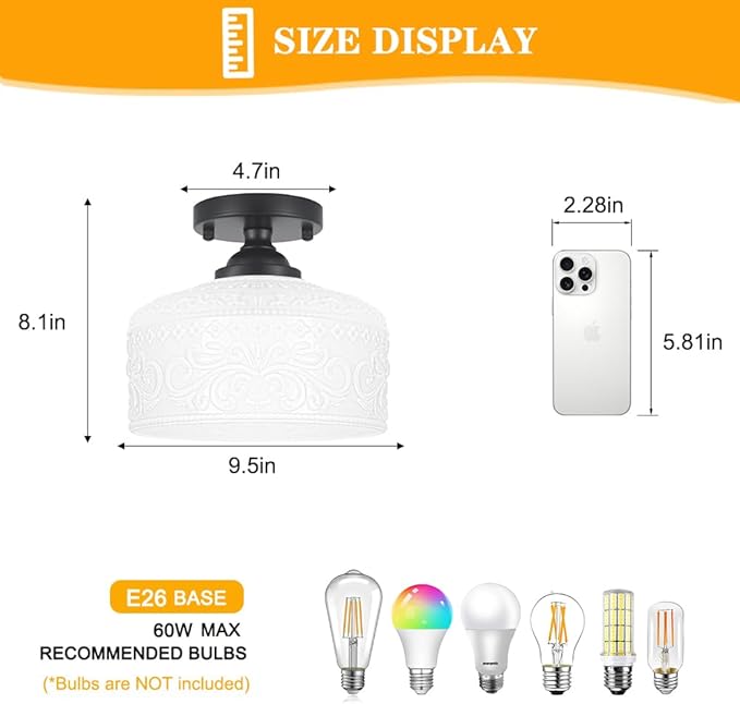Artistic Black Handcrafted Semi Flush Mount Ceiling Light - 9.45 Inch Vintage White Glass Shade with Etched Patterns, Easy Install, Small Ceiling Light Fixture for Hallway, Kitchen, Bedroom