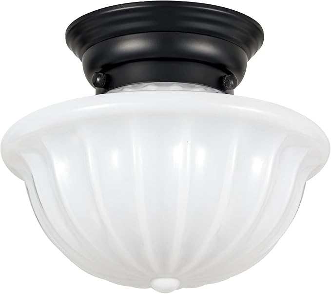 youngrender Black Schoolhouse Light Fixture Ceiling, 9 Inch Hallway Semi Flush Mount Ceiling Lighting, White Milk Glass Ceiling Lights Mid Century for Bedroom, Kitchen, Entryway