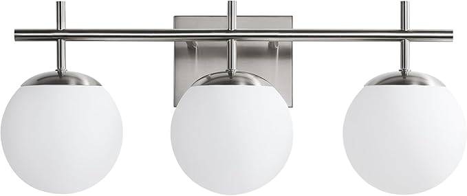 Bathroom Light Fixtures over Mirror, 3-Light Brushed Nickel Vanity Lights for Bathroom, Mid-Century Modern Vanity Light with Milky White Globe Glass Shades, 22.4 Inch Sconces Wall Lighting for Bath