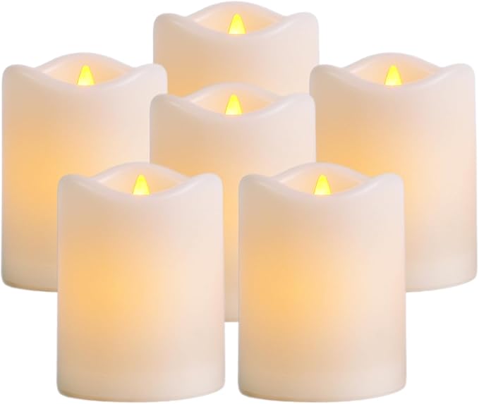 Solar Powered Candles Outdoor 6 Pack, 3"x4" IP65 Waterproof Rechargeable Solar LED Lights, Dusk to Dawn Sensor Pillar Candles for Weddings, Events, Party Decor, Garden Pathway, Yard & Patio