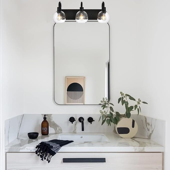 3-Lights Vanity Lights Globe Glass Rustic Bathroom Light Fixtures for Over Mirror Kitchen with Seeded Lampshades