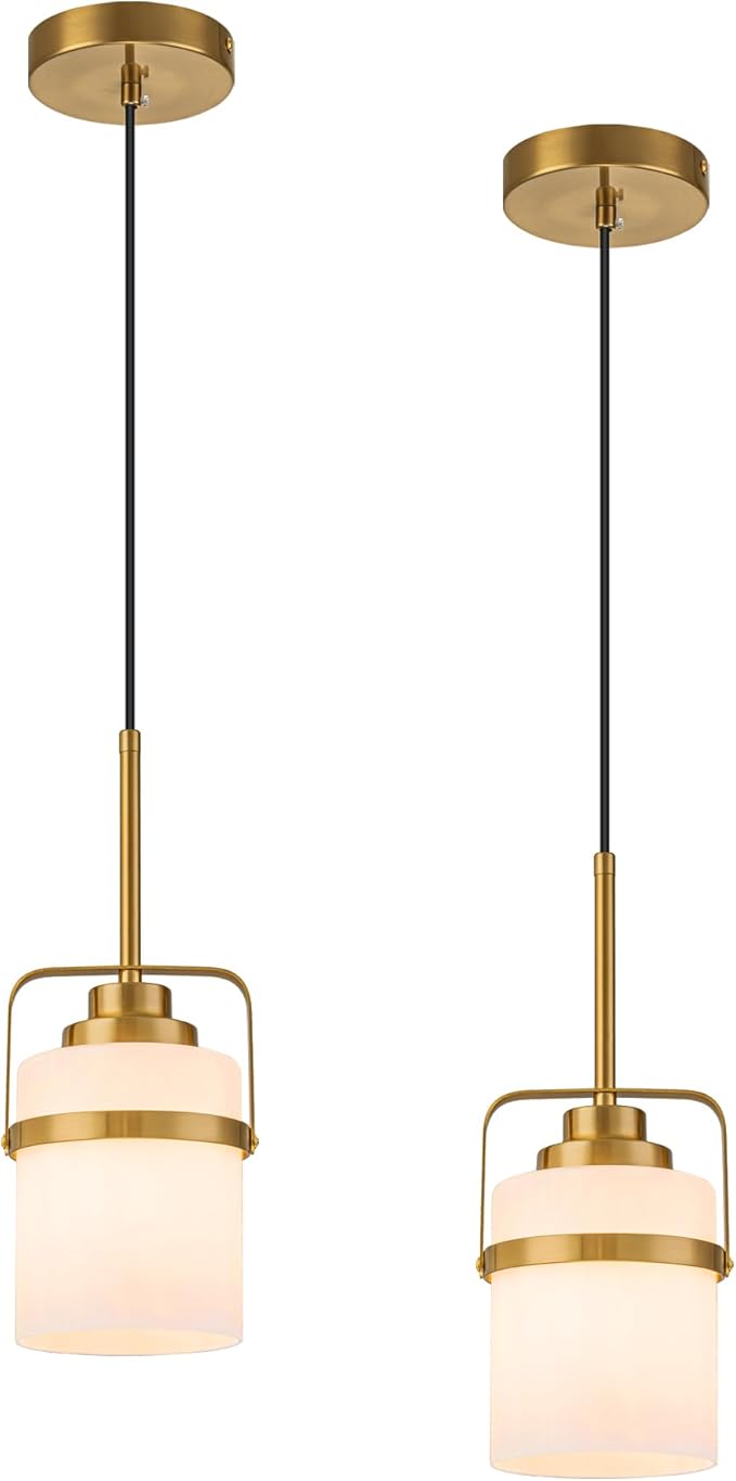 Modern Brass Pendant Lights Kitchen Island Light, Adjustable Hanging Light Fixture with Milk Glass Shade, Farmhouse Pendant Light for Dining Room Bar Over Sink/Table/Counter, 2 Pack