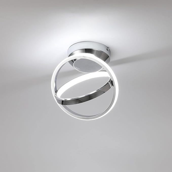 CANEOE Modern Led Ceiling Light Fixtures, 30W Creative Round Led Hallway Lamps with Chrome Finish, 6000K Close to Ceiling Lighting Fixture for Hallway Aisle Living Room Bedroom
