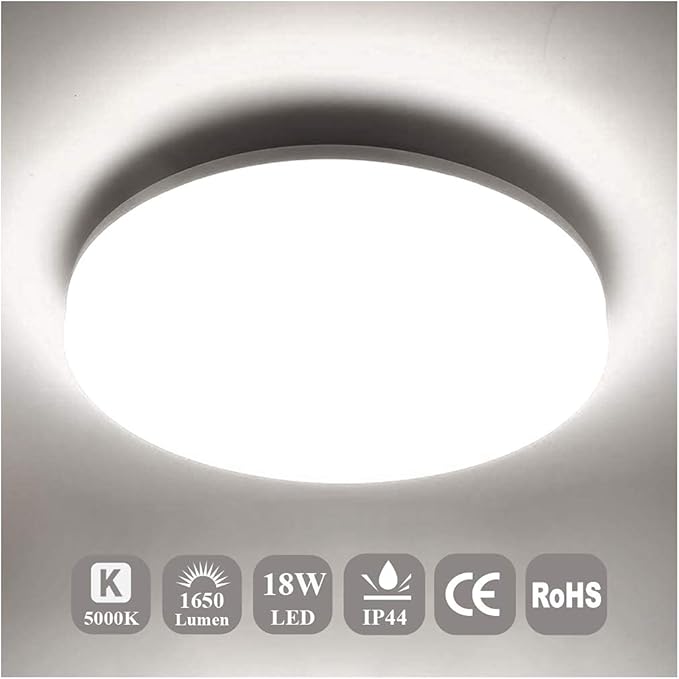 Airand LED Flush Mount Ceiling Light 5000K Daylight LED Ceiling Light Fixture 9.5 Inch 18W 1650LM Bathroom Ceiling Light Waterproof Round LED Ceiling Lamp for Kitchen, Bedroom, Hallway, Living Room