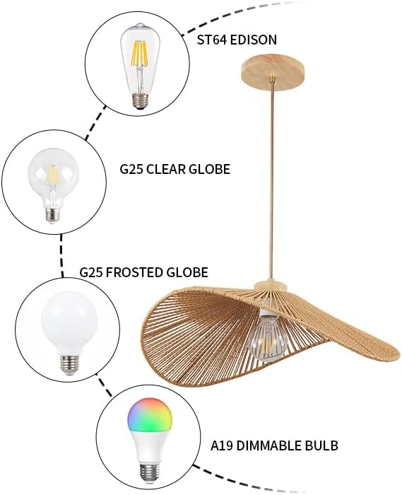 Boho Rattan Pendant Light Fixture Modern Style Hanging Light Bohia Natural Bamboo Handmade2-Light Hanging Lamp for Farmhouse Bedroom Living Room Dining Room S Size