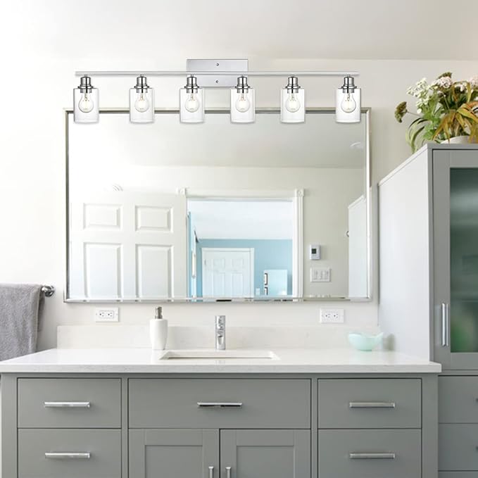 VINLUZ 6 Lights Bathroom Vanity Light in Chrome Finish with Clear Cylinder Glass Shade Industrial Wall Light Fixtures Over Mirror for Dressing Table Bedroom