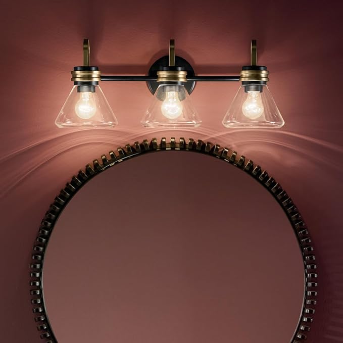 Kichler Farum 26" 3-Light Bathroom Vanity Light Fixture with Clear Glass in Black, Modern Wall Mount Over Mirror for Single or Double Vanity, Powder Room (26" x 9.5" x 9.5"), 55155BKCLR