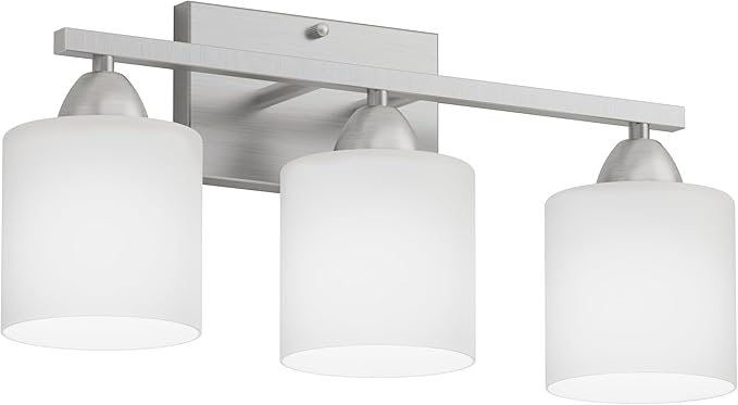 Bathroom Lighting Fixtures Over Mirror Brushed Nickel, Anti-Rust 3-Light Bathroom Vanity Lights, Modern 18Inches Wall Sconces E26 Base, Milky White Glass Shades, Bulbs Not Included